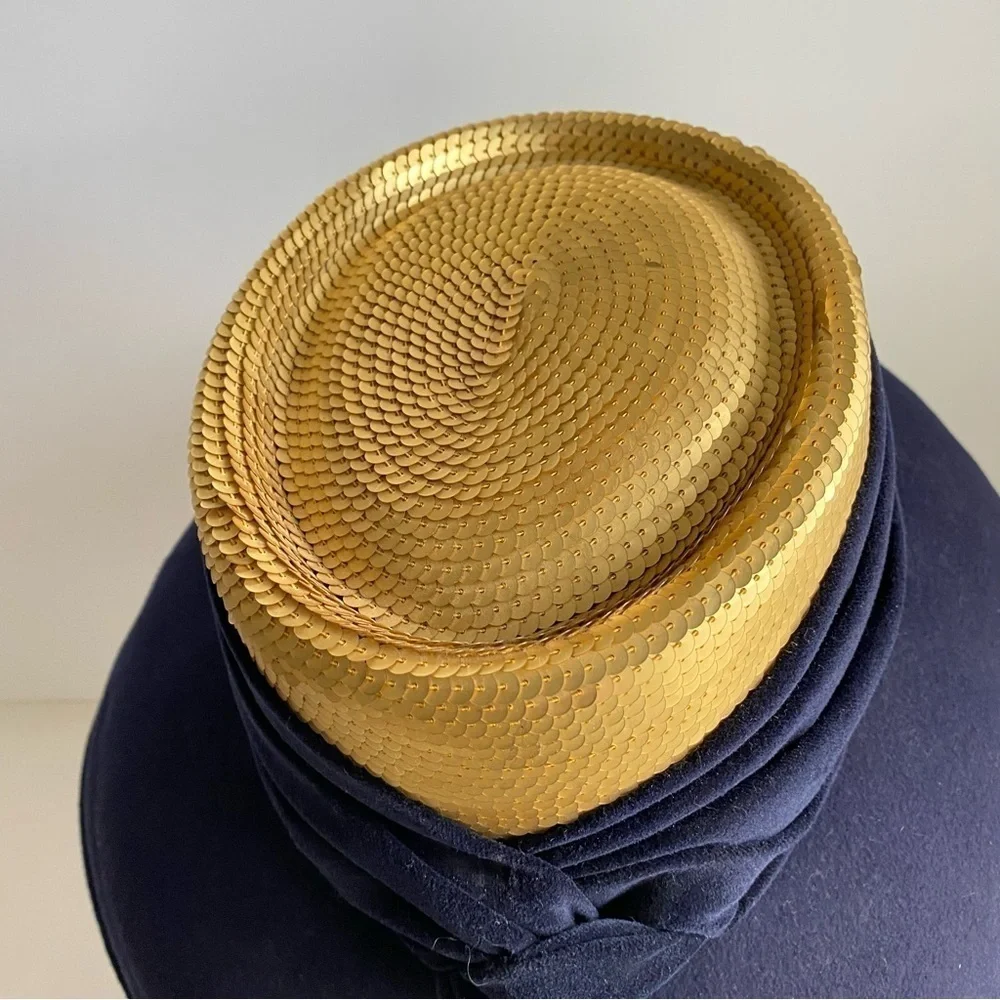 Vintage‎ 90s Whittall & Shon Wool Sequin Hat Navy Blue Gold Wide Brim - Picture 5 of 14
